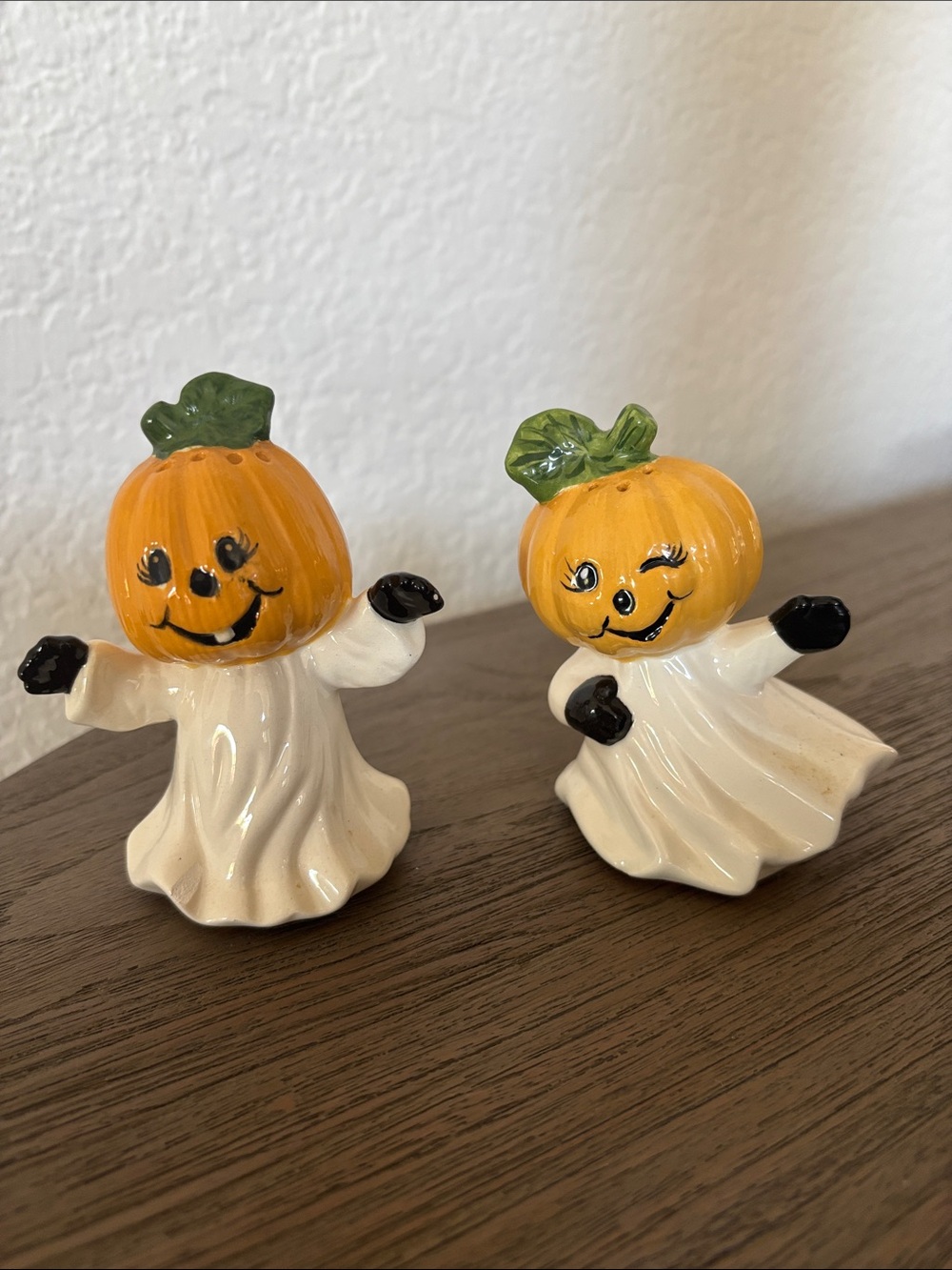 Pair of Pumpkin Ghost Salt & Pepper Shakers - Orange and White